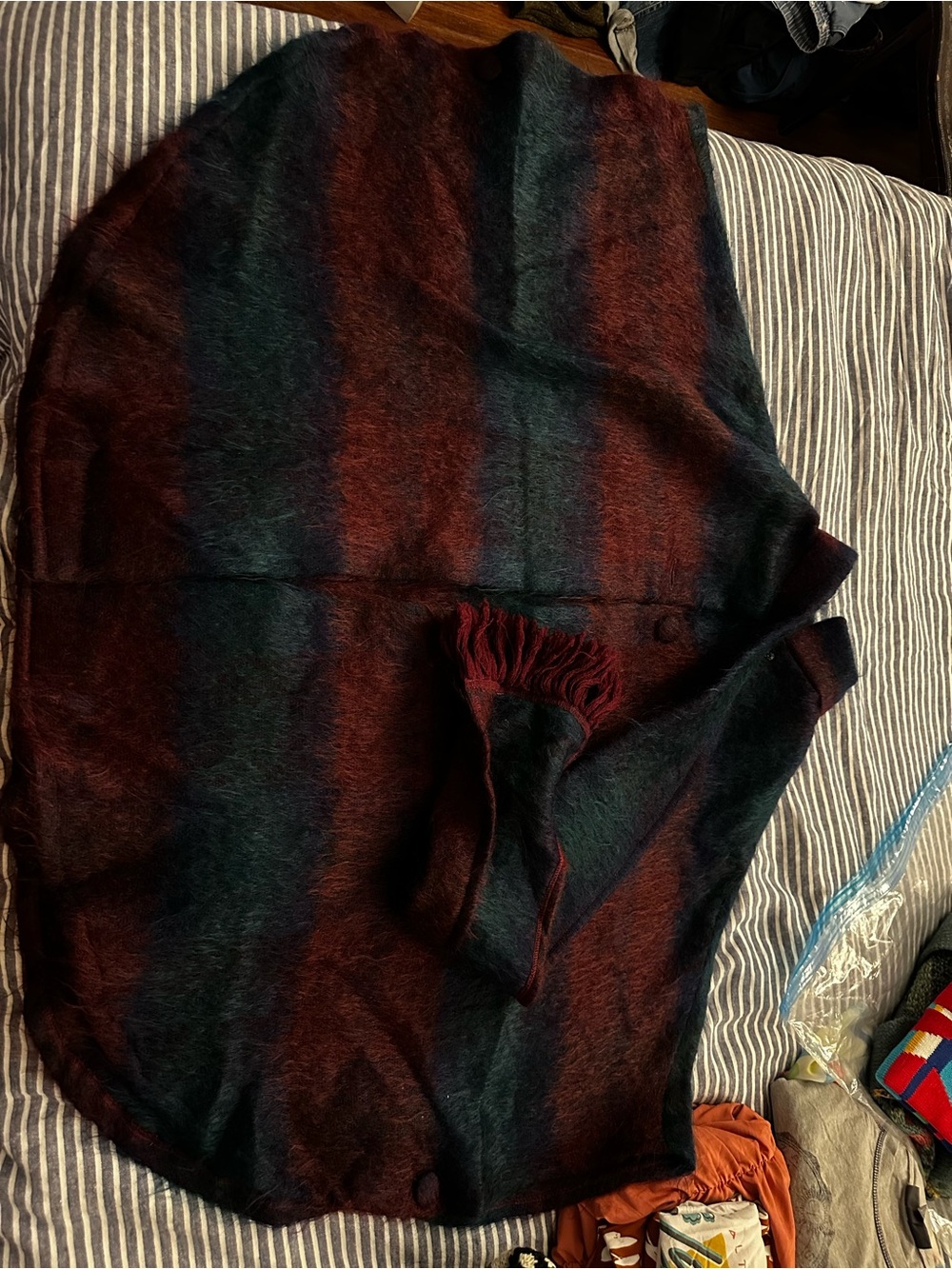 Striped Burgundy and Teal Poncho Shrug